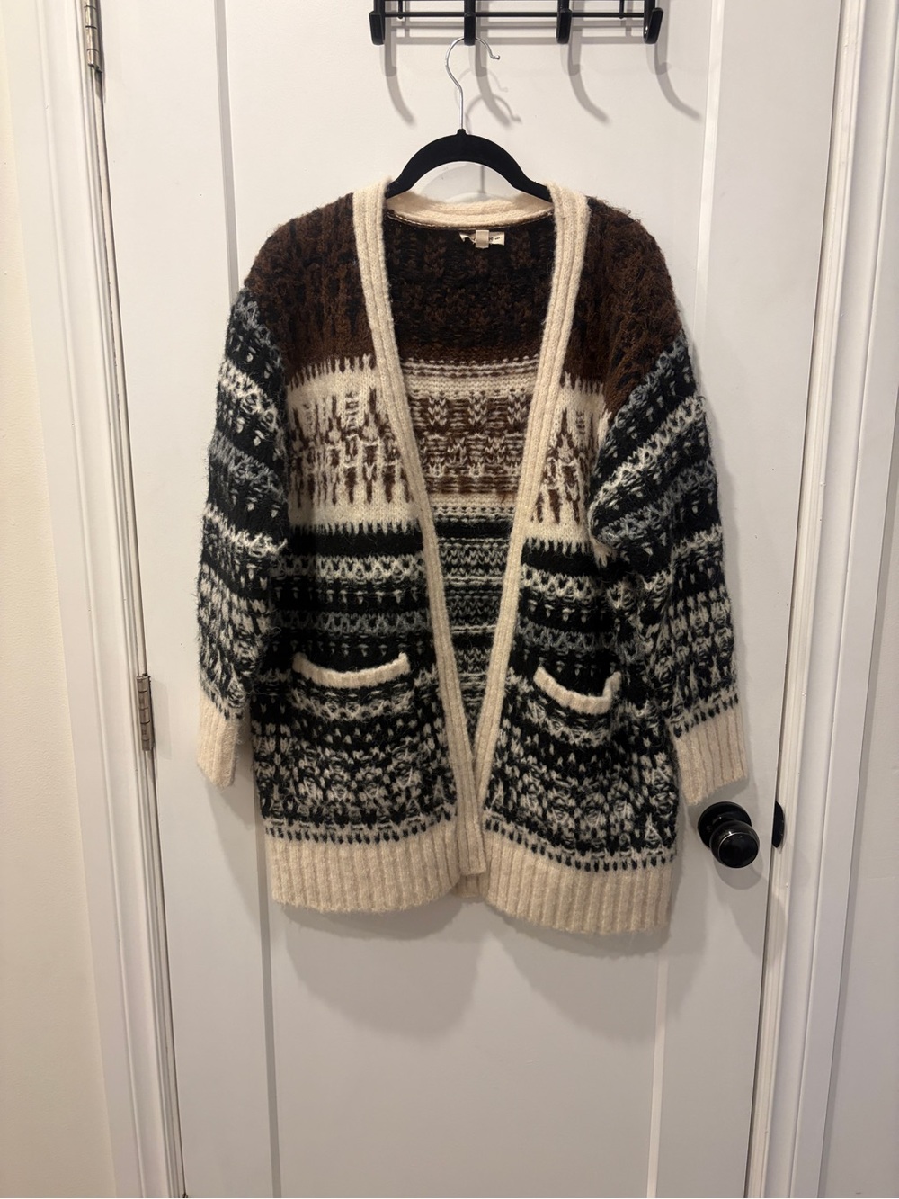 eesome Open-Front Fair Isle Cardigan in Cream, Brown, and Black
